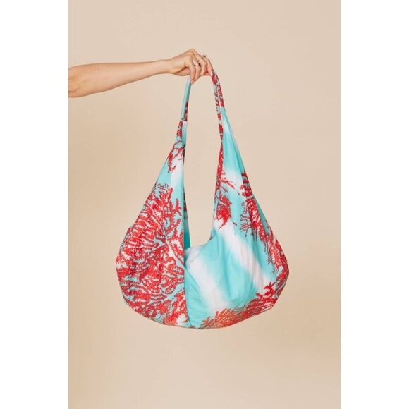 Boho Chic Coral Reef Print Hobo Bag - Beachy & Bold Aqua/Red Design - Picture 1 of 1